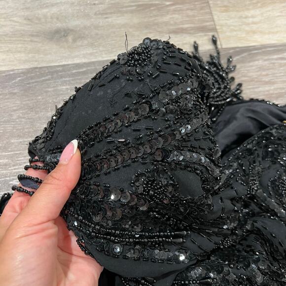 A.J. Bari 90's Black Beaded Vintage Open Back Flapper Dress size 14 - Picture 12 of 16